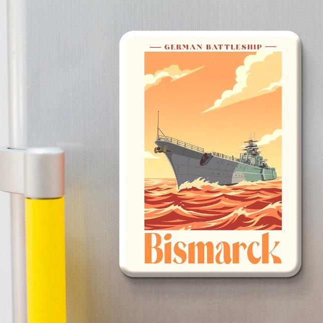 Aimant Cuirassé allemand Bismarck - Affiche Navale Vintag (Bismarck German Battleship - Vintage Naval Poster. Magnet)