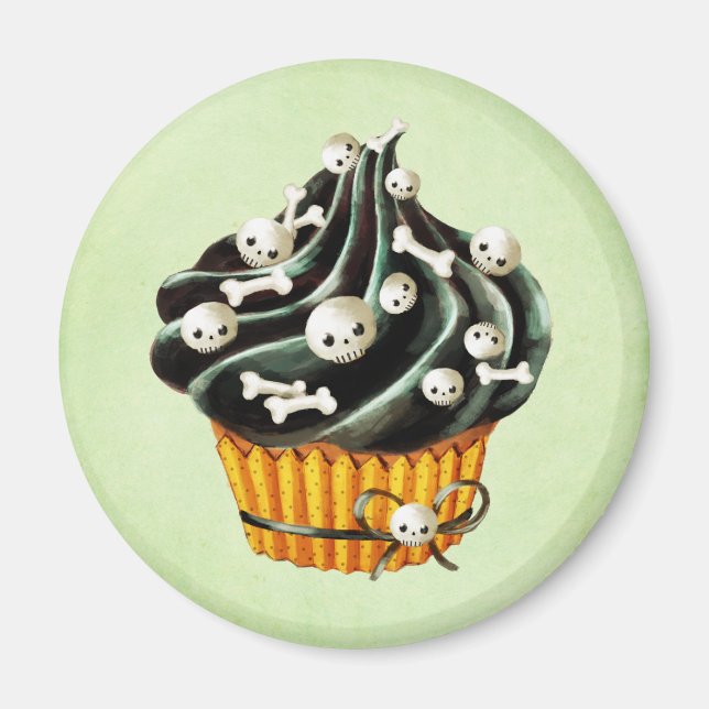 Aimant Cupcake d'Halloween noir avec de minuscules crânes (Devant)