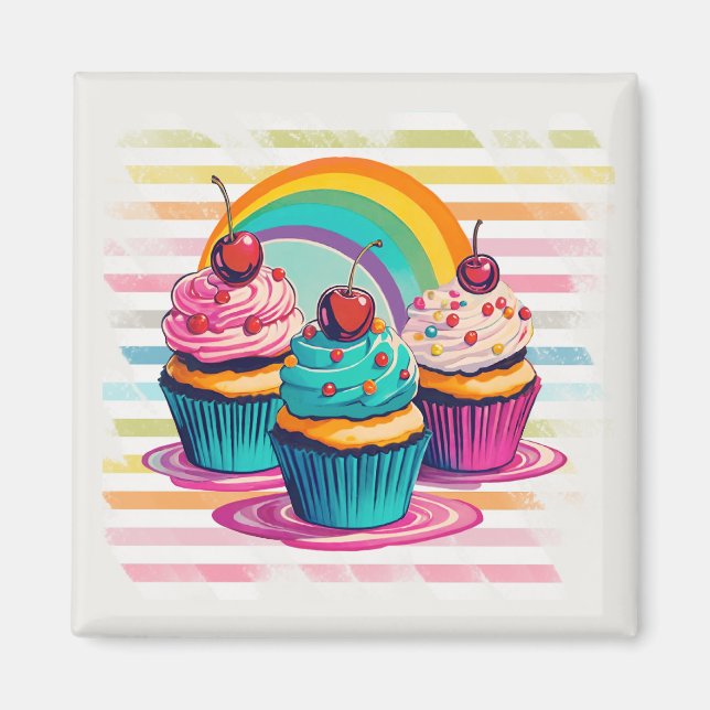Aimant Cupcakes, Cerises et Arc-en-ciel (Devant)