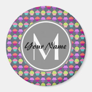 Aimant Cupcakes Gris, Nom Personnalisé Monogramme