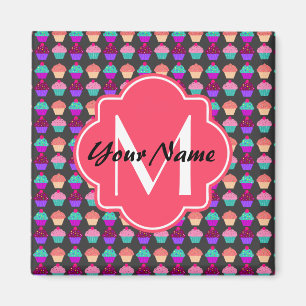 Aimant Cupcakes rose chaud Nom personnalisé, Monogramme