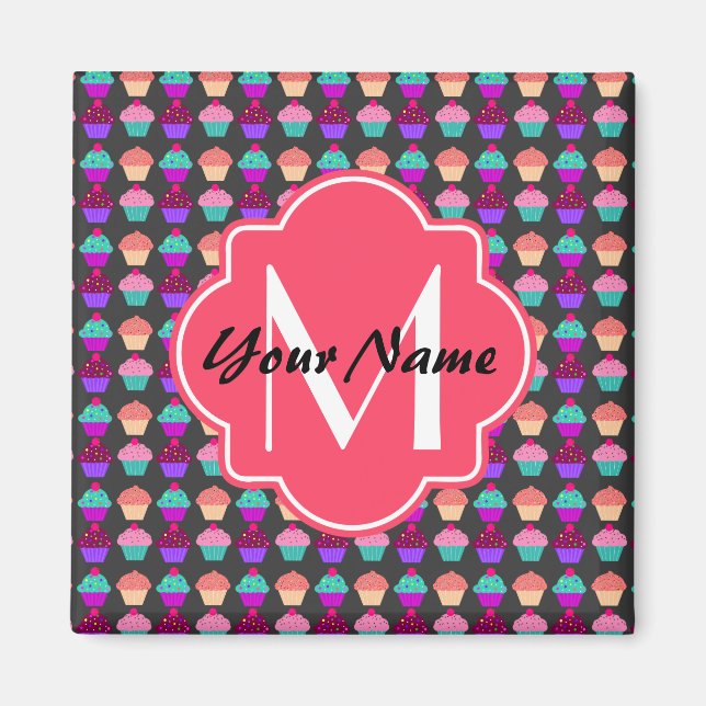 Aimant Cupcakes rose chaud Nom personnalisé, Monogramme (Devant)