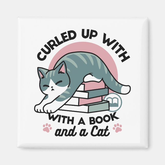 Aimant Curieux avec un livre et un chat - Lecture confort (Devant)