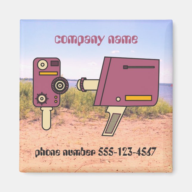 Aimant Custom business name phone number retro camera  (Devant)