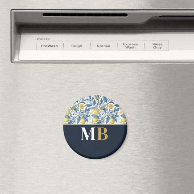 Aimant Custom Elegant Mediterranean Lemon Botanical Navy (In Situ (Lave-vaisselle))