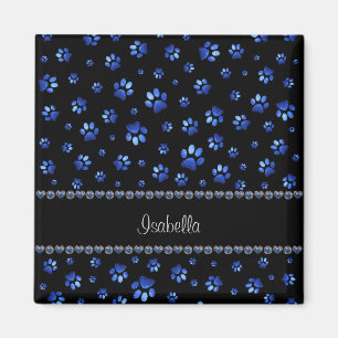 Aimant Custom name, blue glitter dog paws