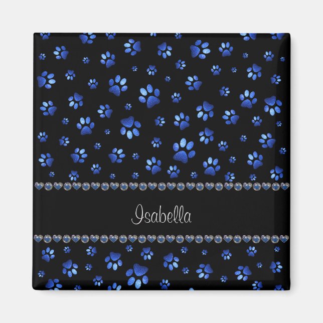 Aimant Custom name, blue glitter dog paws  (Devant)