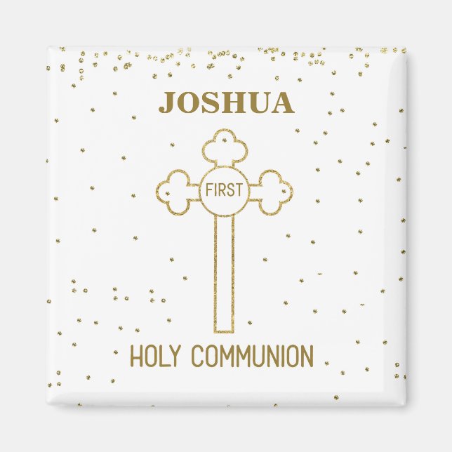 Aimant Custom Name First Holy Communion Gold Look Cross (Devant)