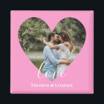 Aimant Custom Photo Pink Heart Frame Modern Calligraphy<br><div class="desc">The design has pink heart frame on center and white modern calligraphy texts which can be customized to your preference. Replace the picture in the center with your own wedding photo. It will make a lovely custom made wedding favor gifts for your guests or for your own keepsake.</div>