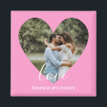 Aimant Custom Photo Pink Heart Frame Modern Calligraphy<br><div class="desc">The design has pink heart frame on center and white modern calligraphy texts which can be customized to your preference. Replace the picture in the center with your own wedding photo. It will make a lovely custom made wedding favor gifts for your guests or for your own keepsake.</div>