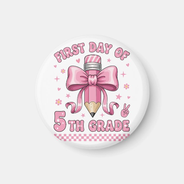 Aimant Cute 5th Grade Girl Pink Bow Groovy Pencil Design (Devant)