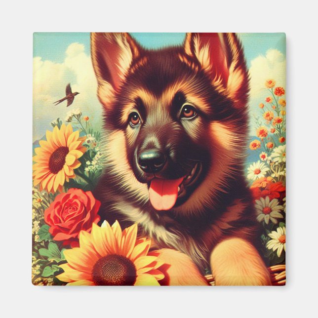Aimant Cute berger allemand Peinture de chiot (Devant)