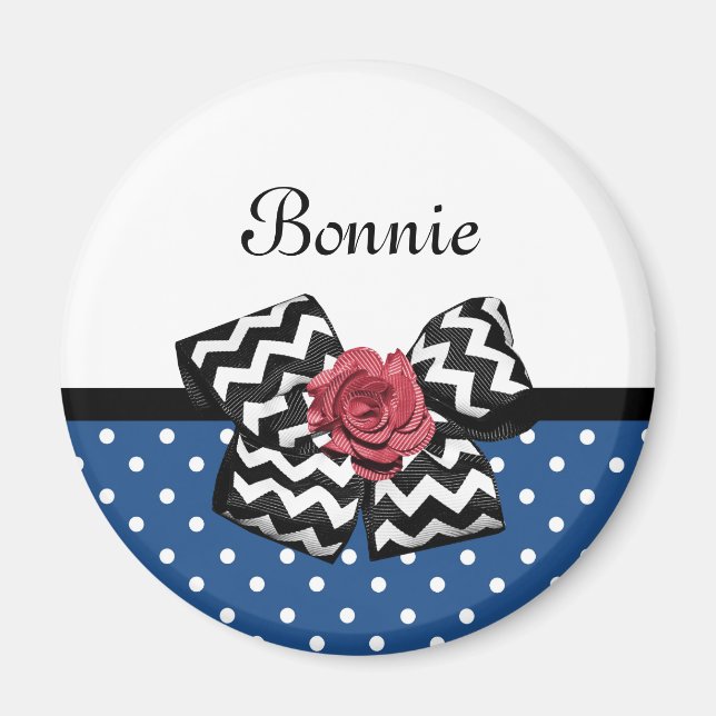 Aimant Cute Bleu Pois Rouge Rose Chevron Bow et nom (Devant)