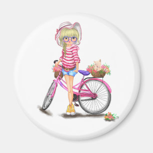 Aimant Cute Blonde Girl with Pink Bike and Cat à Flowers