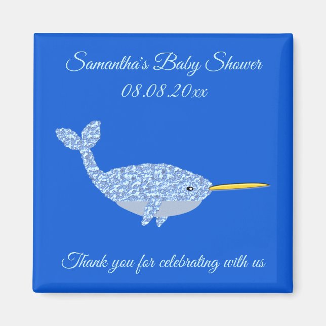 Aimant Cute Blue Baby Boy Narwhal Custom Baby Shower (Devant)