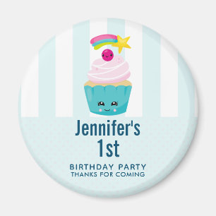 Aimant Cute Blue Cupcake avec Kawaii Visage Anniversaire