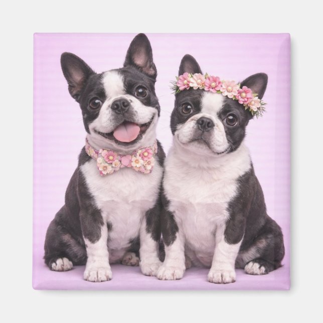 Aimant Cute Boston Terrier Couple Valentine Illustration  (Devant)