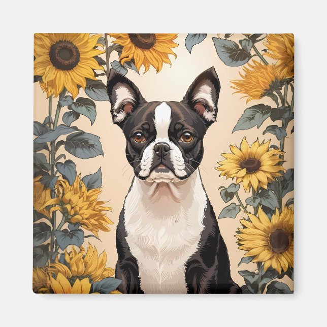 Aimant Cute Boston Terrier Yellow Sunflowers (Devant)