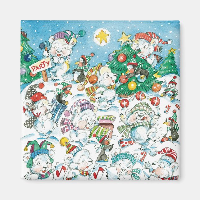 Aimant Cute Cartoon Christmas Polar Bear Penguin Party (Devant)