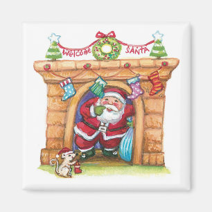 Aimant Cute Cartoon Jolly Santa Claus Coming Down Chimney