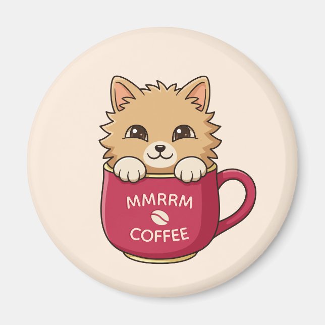 Aimant Cute Cat in Coffee Mug Beige Custom Text (Devant)
