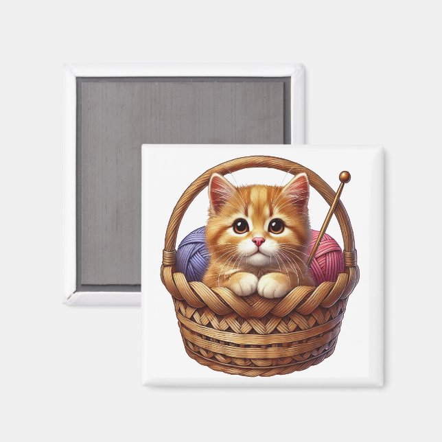 Aimant Cute chaton orange en panier avec fils (Recto/Verso)