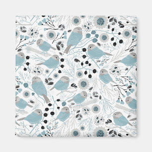 Aimant Cute Chickadee Birds Blue Gray Flowers Berries