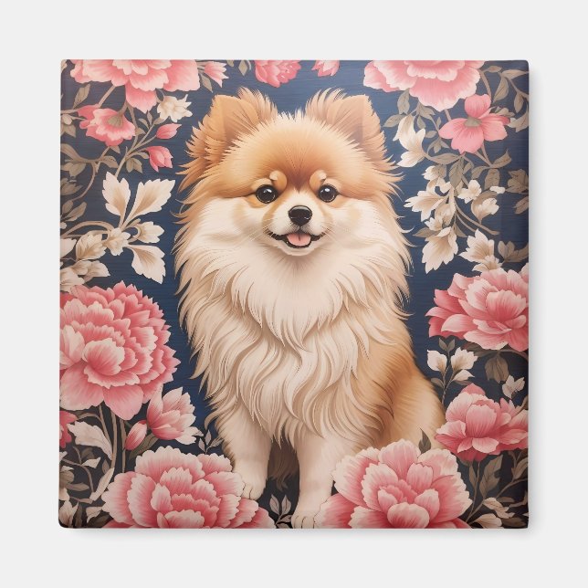 Aimant Cute Chien Poméranien Rose Floral (Devant)