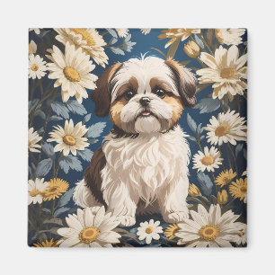 Aimant Cute Chih Tzu Chien Blanc Fleurs De Faisée