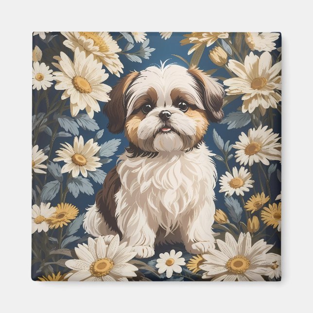 Aimant Cute Chih Tzu Chien Blanc Fleurs De Faisée (Devant)