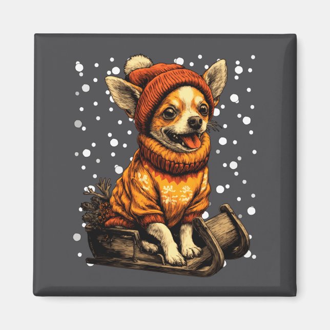 Aimant Cute Christmas Chihuahua Sledding In Snow Funny Wi (Devant)