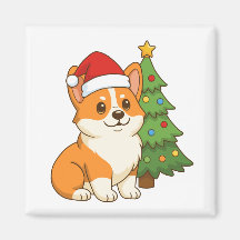 Cute Corgi Dog in a Red Hat with Christmas Tree