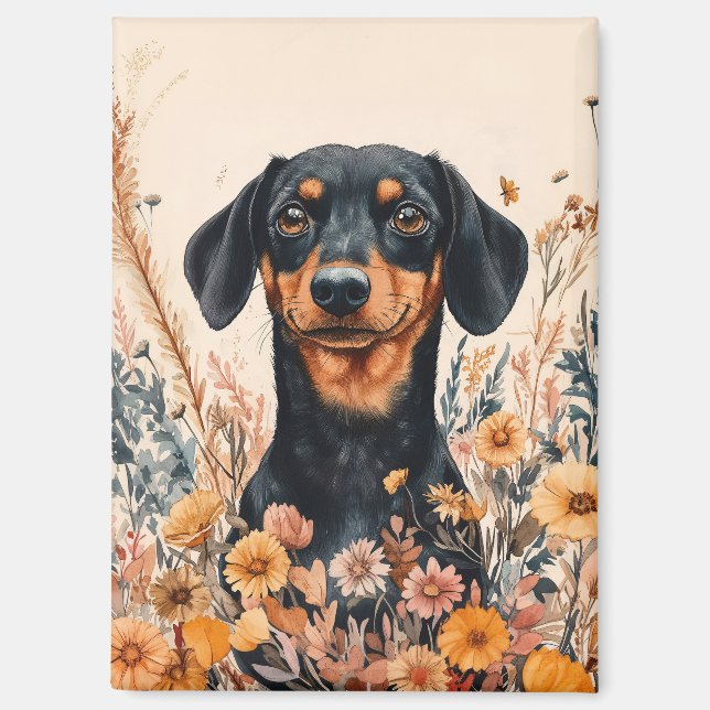 Aimant Cute Dachshund avec peinture Fleur sauvage (Recto)
