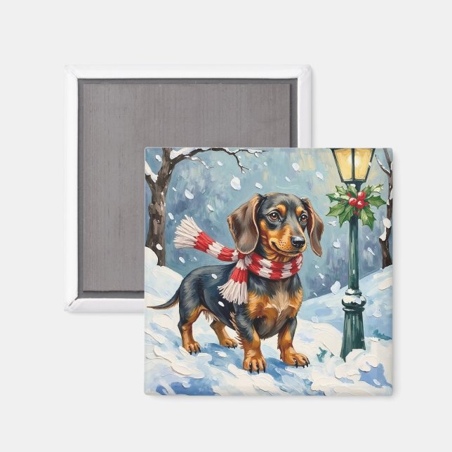 Aimant Cute Dachshund Puppy Cozy Winter Scarf Art (Recto/Verso)