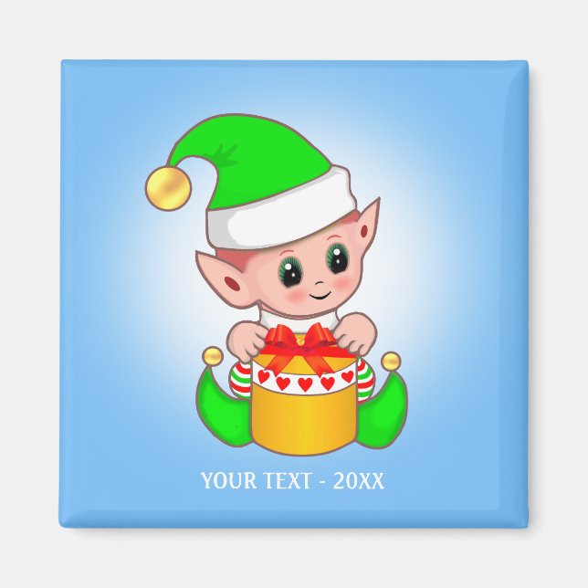 Aimant Cute Elf & Votre Texte sur Fond Bleu Clair (Devant)