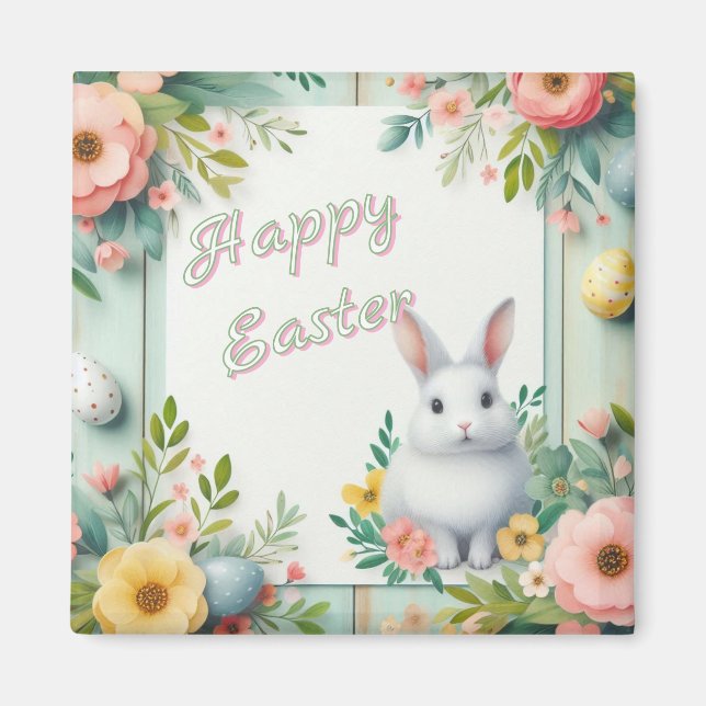 Aimant Cute, floral heureux lapin de Pâques (Devant)