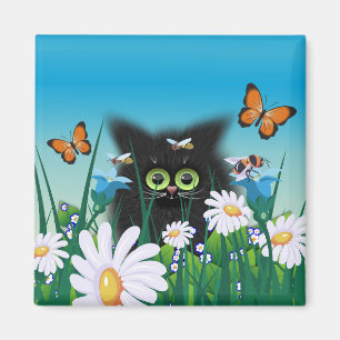 Aimant Cute Fluffy Black Kitten et Daisy Art