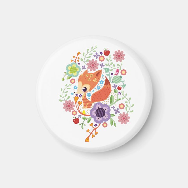 Aimant Cute Fox Baby Art Animal Avec Floral (Devant)