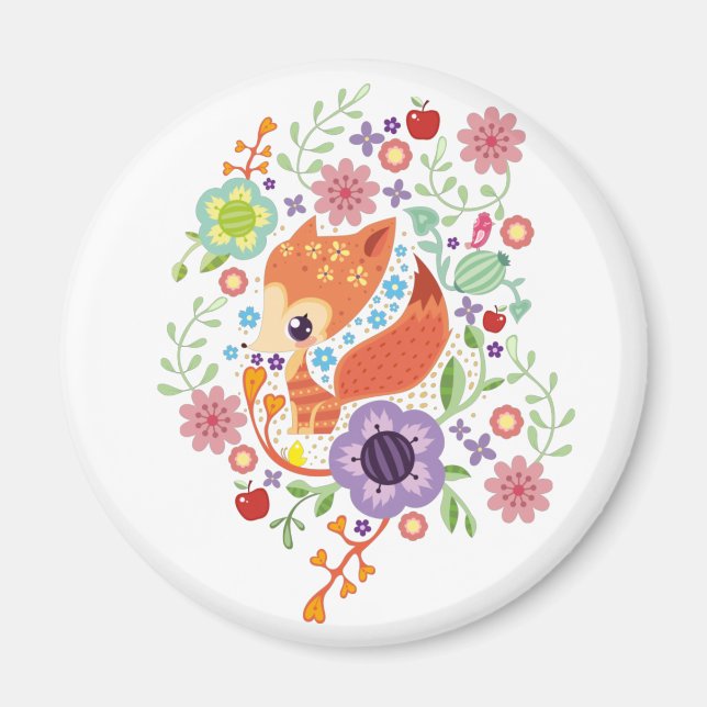Aimant Cute Fox Baby Art Animal Avec Floral (Devant)