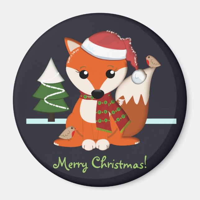 Aimant Cute Fox, robins, arbre de Noël et texte personnal (Devant)