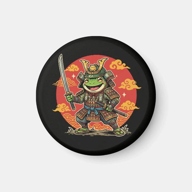 Aimant Cute Frog Samurai Cartoon Animal Warrior Design (Devant)