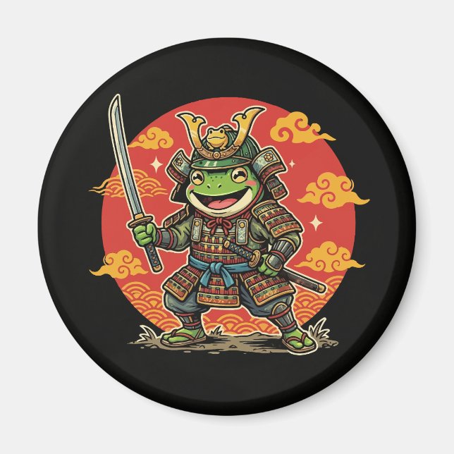 Aimant Cute Frog Samurai Cartoon Animal Warrior Design (Devant)