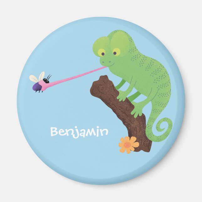 Aimant Cute funny green happy chameleon lizard cartoon (Devant)