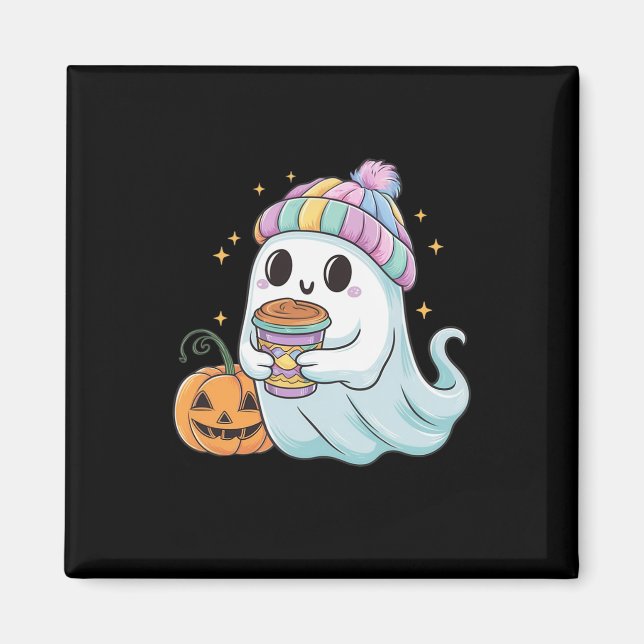 Aimant Cute Ghost Boire Café Halloween Café glace Wo (Devant)