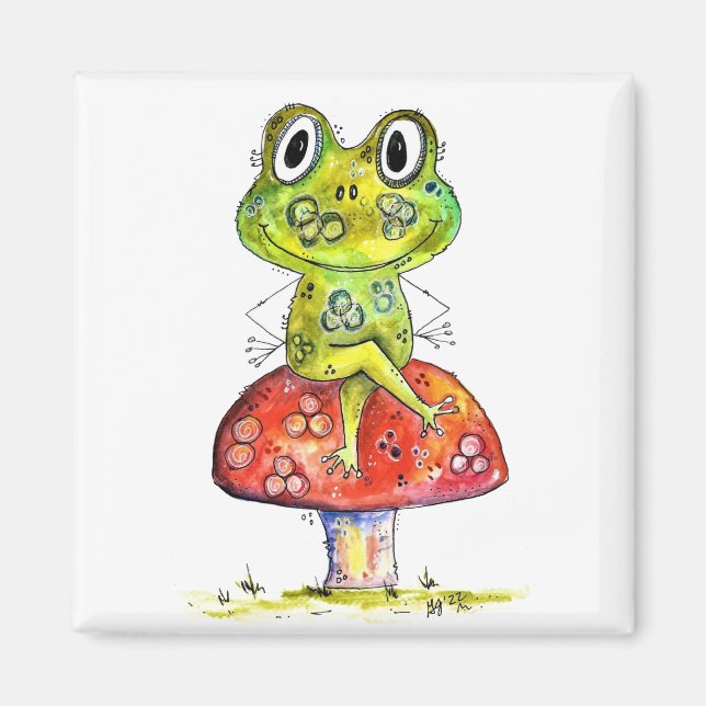 Aimant Cute Grenouille verte Whimsical sur Toadstool (Devant)