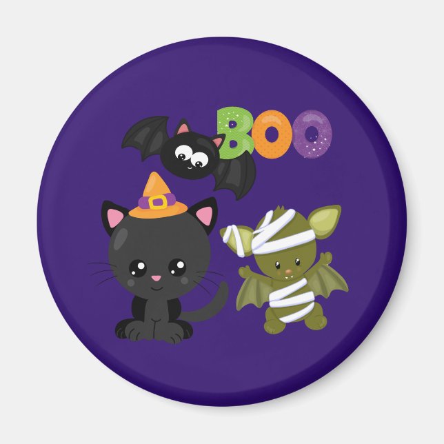 Aimant Cute Halloween Chat, chauve-souris et maman Boo (Devant)