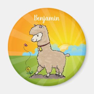Aimant Cute happy alpaca with butterfly cartoon