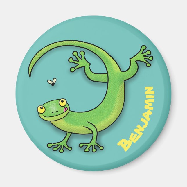 Aimant Cute happy green gecko greetings with bug cartoon (Devant)