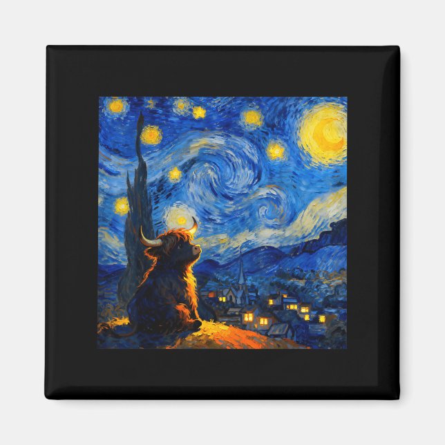 Aimant Cute Highland Baby Cow Graphic Van Gogh Style Star (Devant)