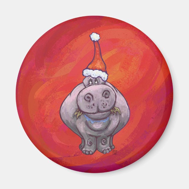 Aimant Cute Hippo in Santa Hat on Red (Devant)